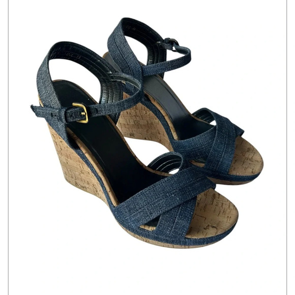 Stuart Weitzman Minx $425. cork platform wedge denim excellent Size 9.5 - Picture 2 of 13
